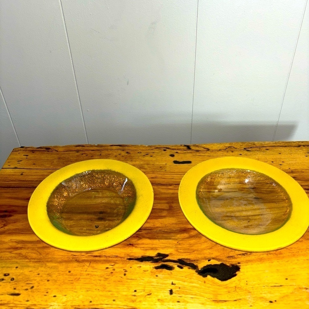 FIRE & ICE ART GLASS SET OF 2 - 7” ROUND SAUCE BOWLS 1” DEEP